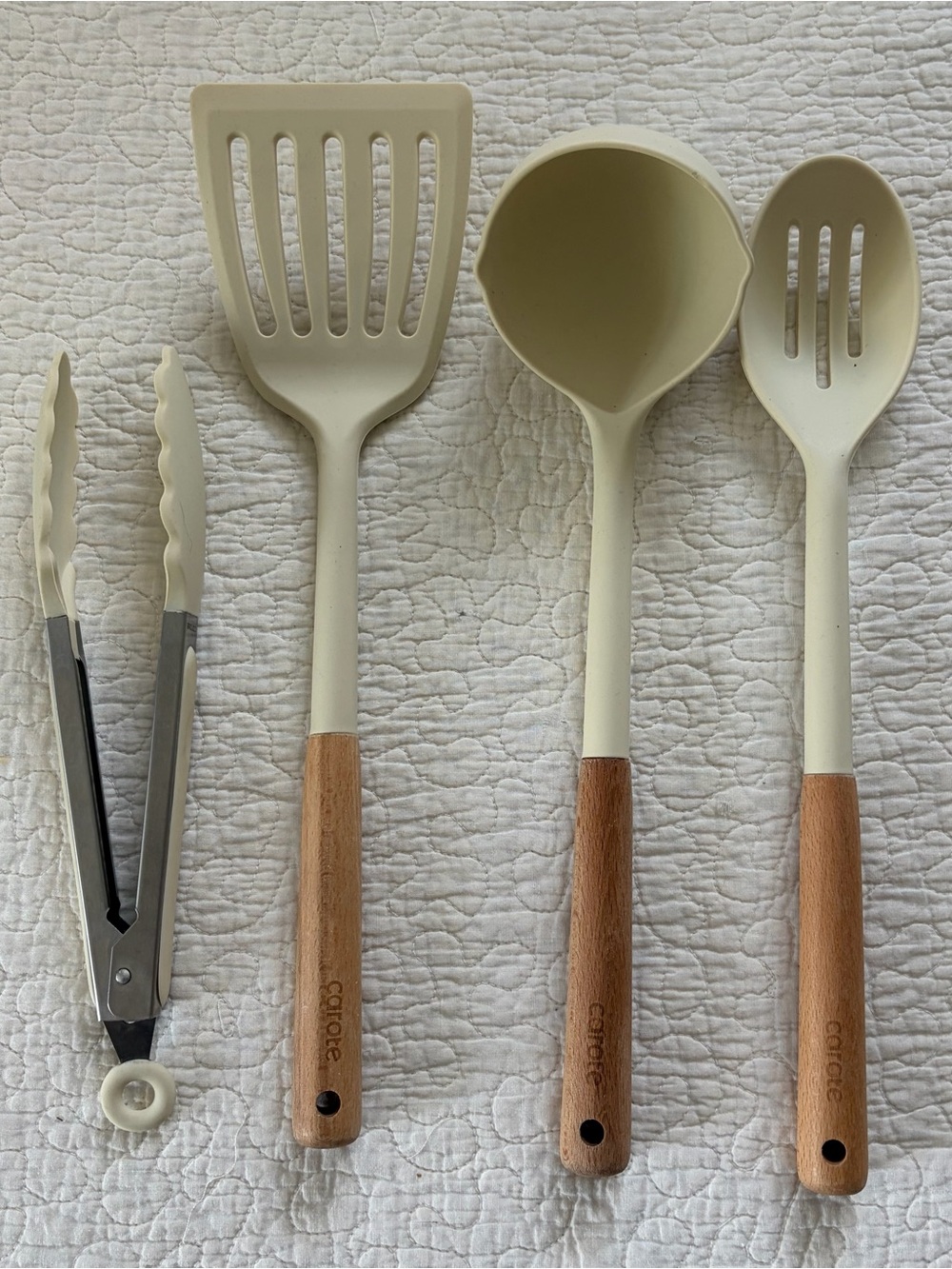 Carote Cream Silicone and Wood Cooking Utensil Set - 4-Piece